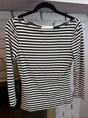 Charles Nolan Black & White Striped Silk quarter Sleeve Boatneck Top